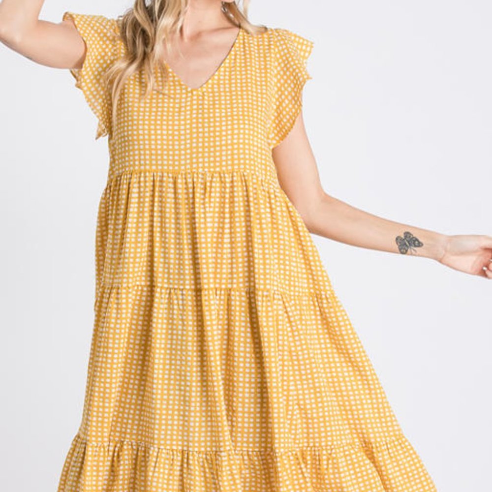 Yellow Checkered Tiered Dress